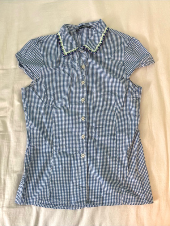 Brandy Melville Tops - Blue Gingham Button-Up Blouse with Decorative Collar